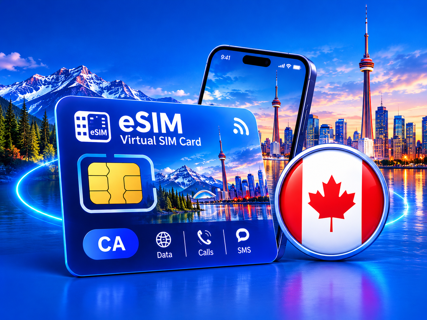Virtual eSIM card for Canada with a Canadian flag badge, phone, CN Tower skyline and mountains