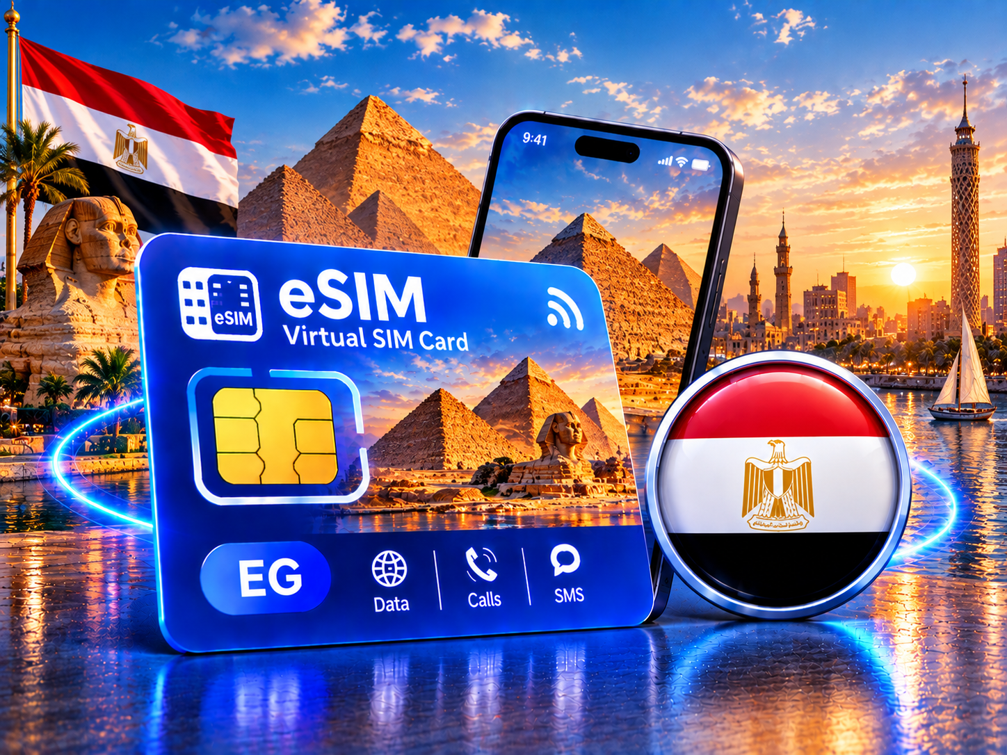 Virtual eSIM card for Egypt with an Egyptian flag badge, phone, pyramids and Sphinx