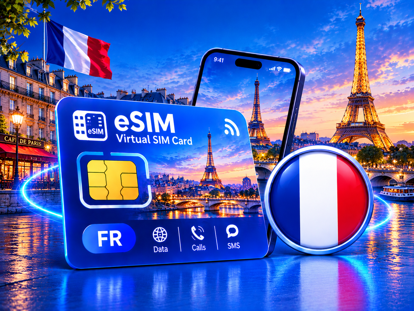 Virtual eSIM card for France with a French flag badge, phone and Paris scenery including the Eiffel Tower