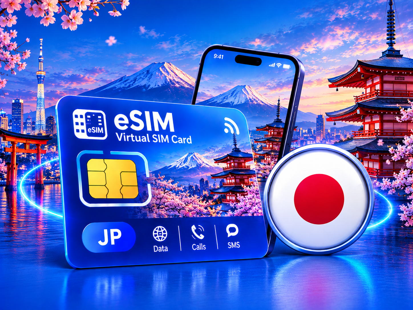 Virtual eSIM card for Japan with a Japanese flag badge, phone, Mount Fuji, pagoda and cherry blossoms