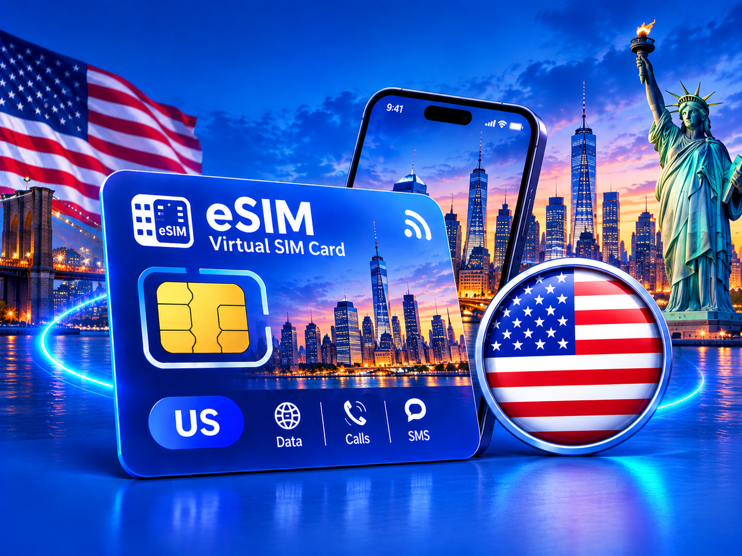 Virtual eSIM card for the United States with an American flag badge, phone, Statue of Liberty and New York skyline